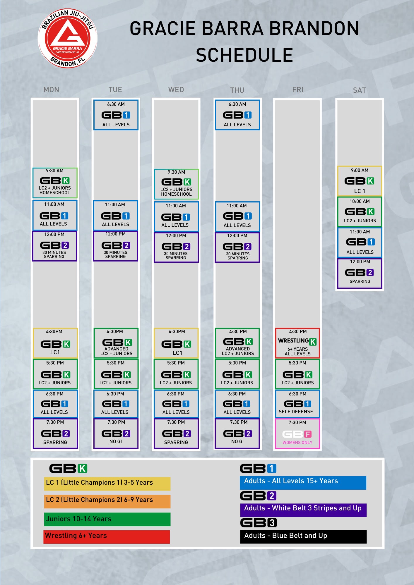 Gracie Barra Brandon weekly schedule poster. View the full schedule page for a readable text version.